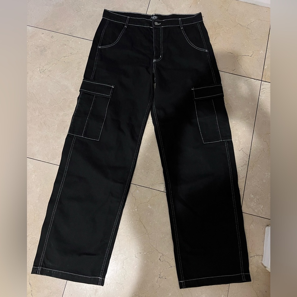 BoohooMAN Unworn Black Jeans with White Stitching!